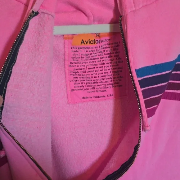Aviator Nation 5 Stripe Zip Up Hoodie Sweatshirt - Neon Pink - Unisex XL - Picture 4 of 11